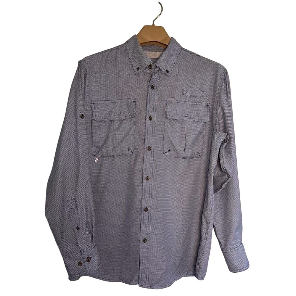 Cabelas Button Down Shirt Blue White Houndstooth Long Sleeve Pockets MEDIUM
